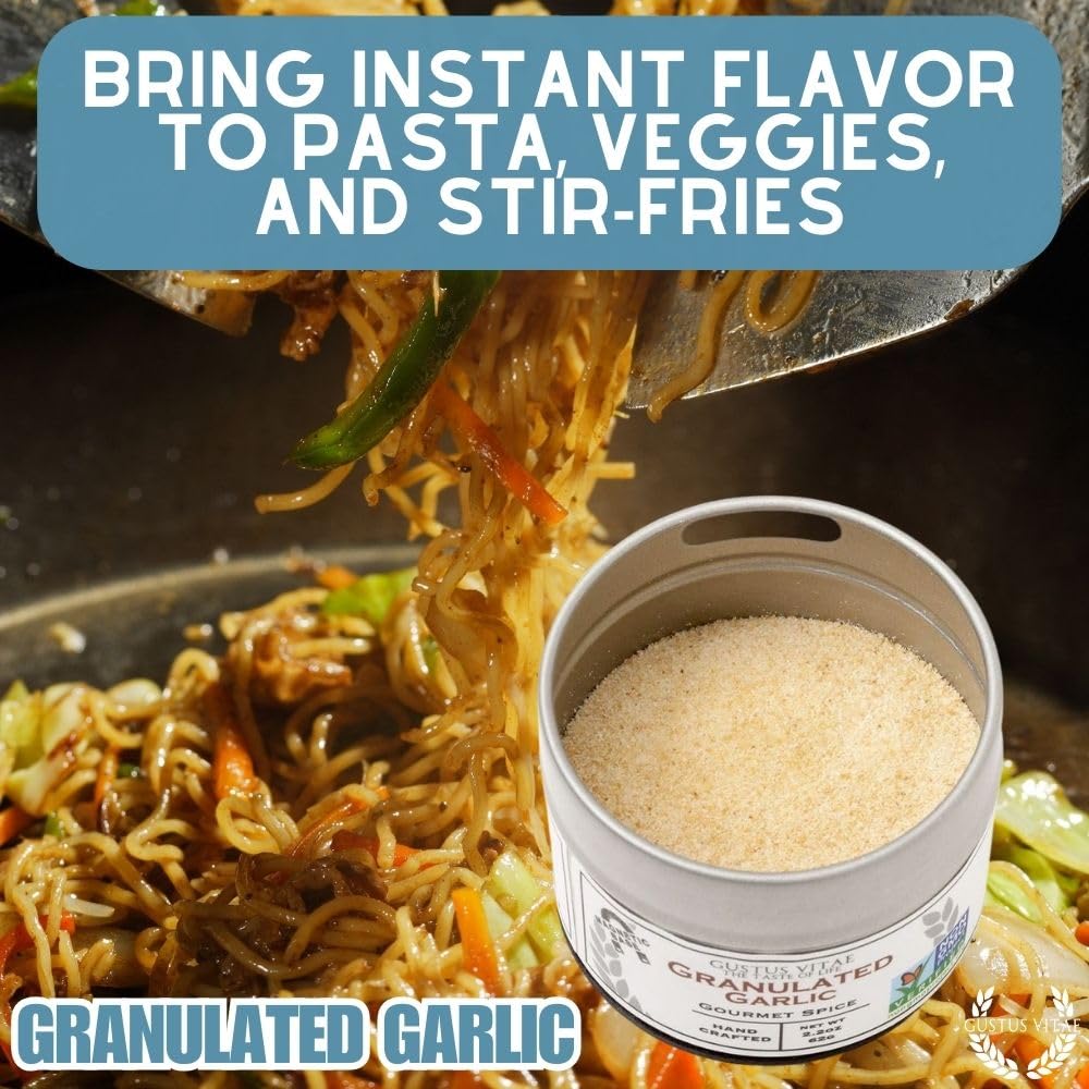 Gustus Vitae Granulated Garlic magnetic tin on kitchen surface for easy access.