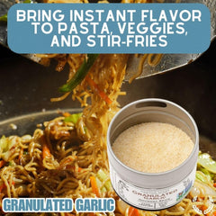 Gustus Vitae Granulated Garlic magnetic tin on kitchen surface for easy access.