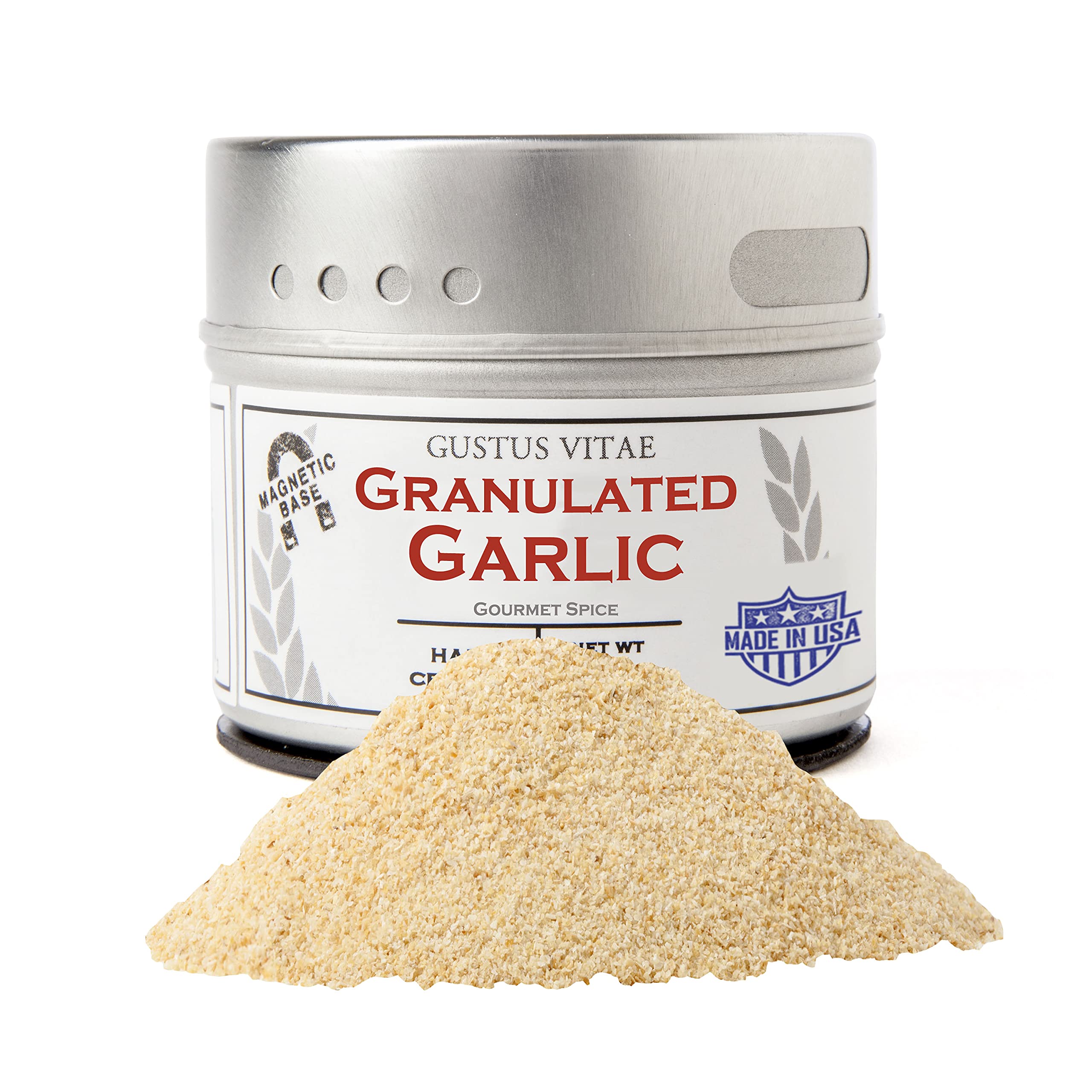 Gustus Vitae Granulated Garlic tin close-up showing texture for rich seasoning.