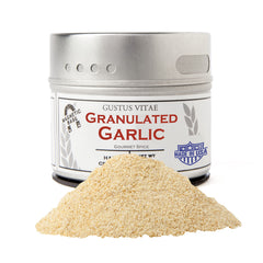 Gustus Vitae Granulated Garlic tin close-up showing texture for rich seasoning.