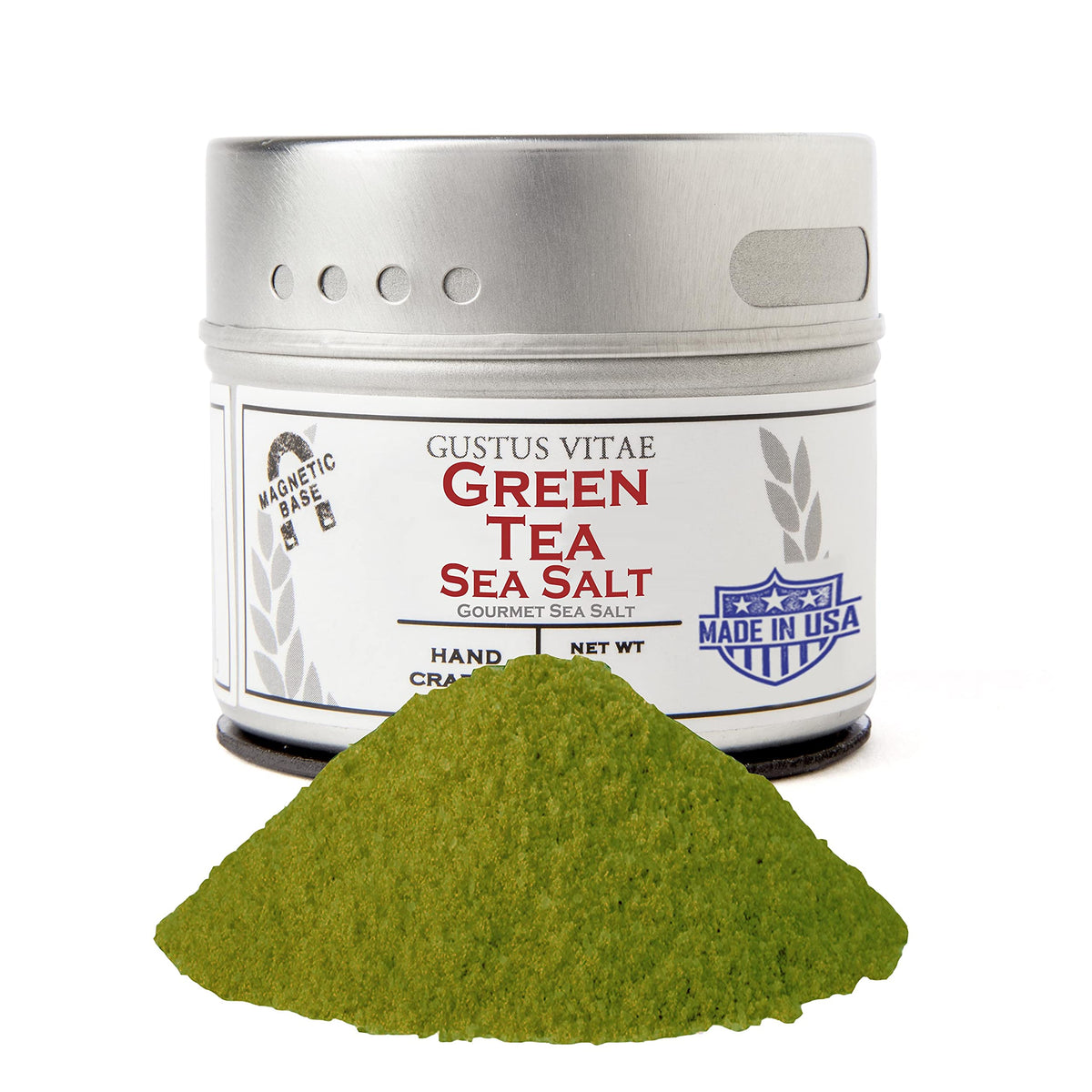 Gustus Vitae Green Tea Sea Salt bottle pour for quick, aromatic table seasoning.