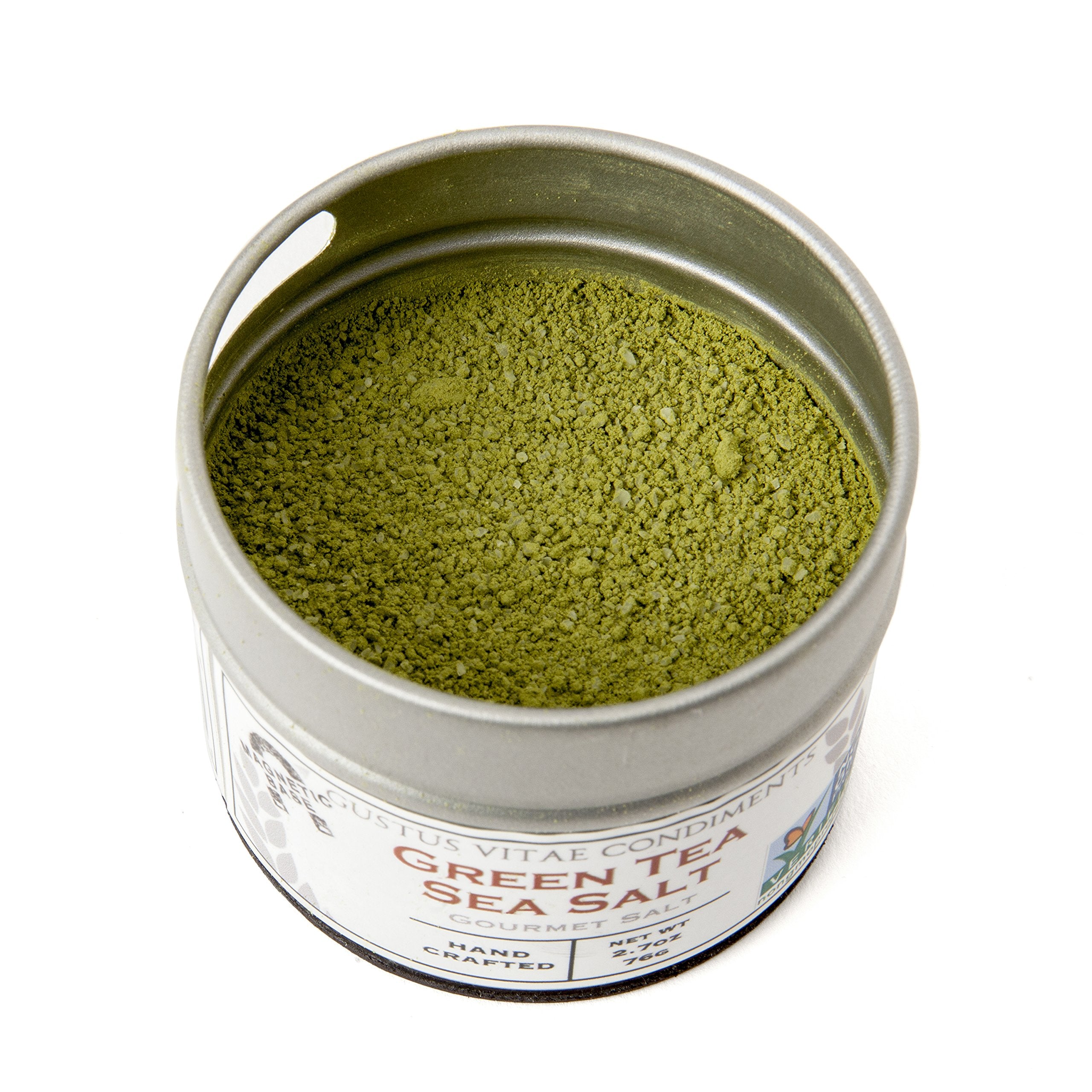 Gustus Vitae Green Tea Sea Salt label detail highlights sustainable sourcing and all-natural ingredients.