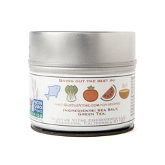 Gustus Vitae Green Tea Sea Salt small batch photo conveys artisanal craftsmanship and freshness.