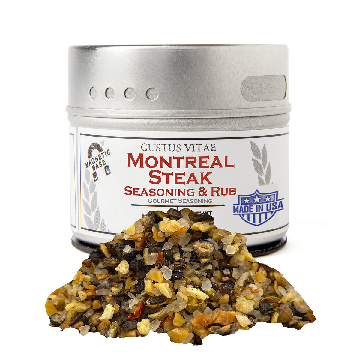 Gustus Vitae Montreal steak seasoning tin front for restaurant-grade steaks at home.
