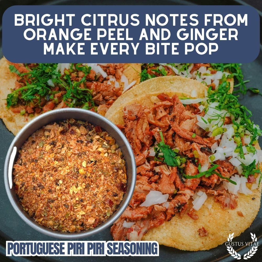 Gustus Vitae Portuguese Piri Piri fire seasoning on grilled chicken delivering bold, smoky flavor