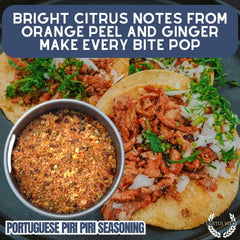 Gustus Vitae Portuguese Piri Piri fire seasoning on grilled chicken delivering bold, smoky flavor