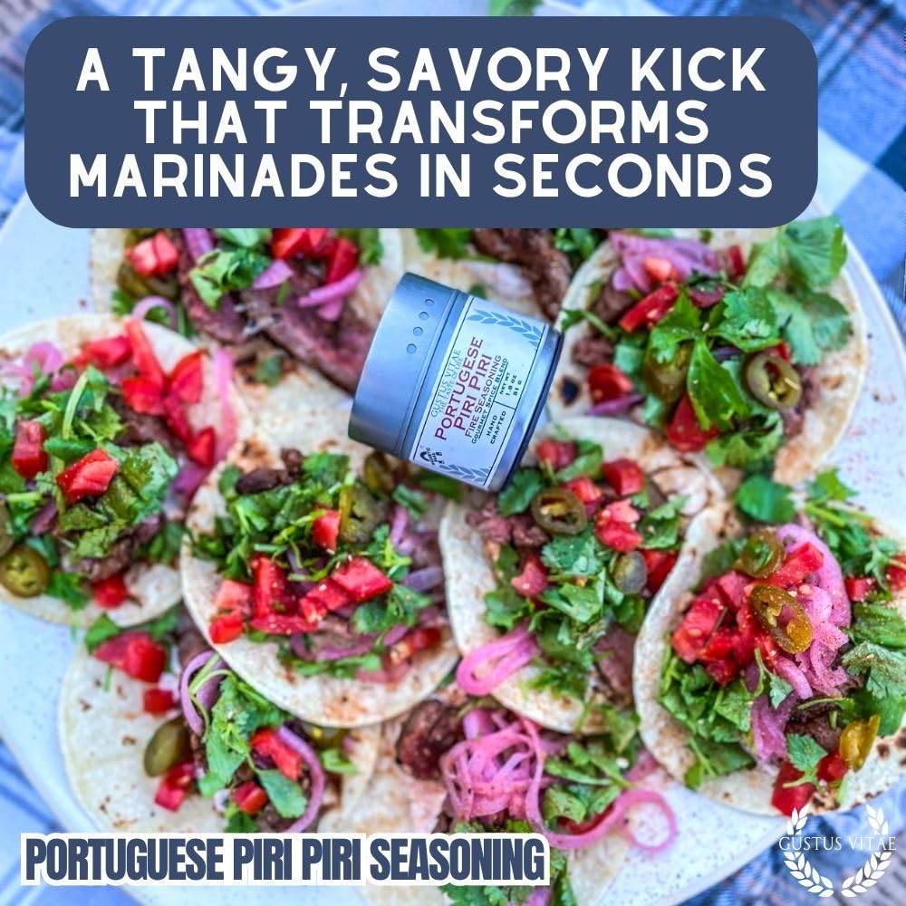 Gustus Vitae Portuguese Piri Piri fire seasoning tin mounted on fridge magnet for convenient access