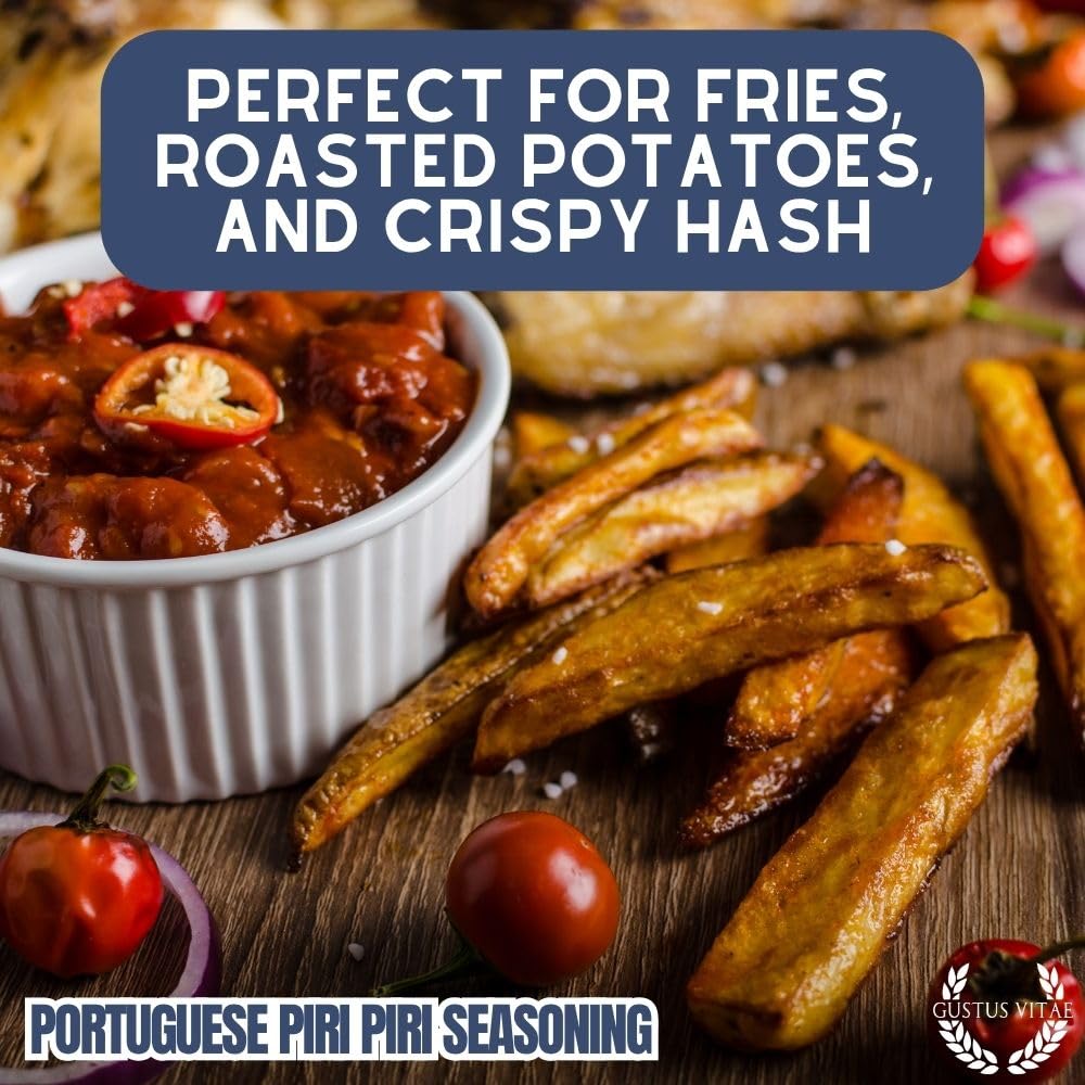 Gustus Vitae Portuguese Piri Piri fire seasoning jar on a clean kitchen counter