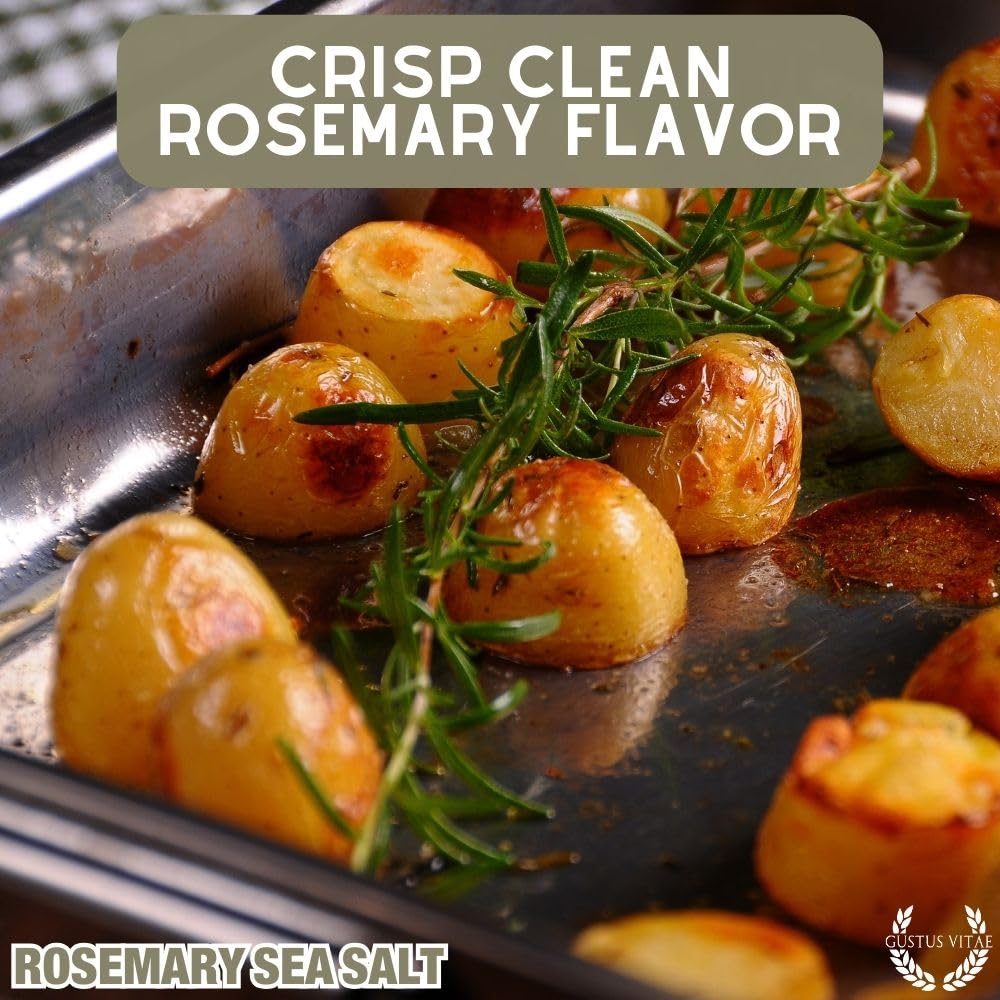 Gustus Vitae Rosemary Sea Salt magnetic tin on refrigerator door.
