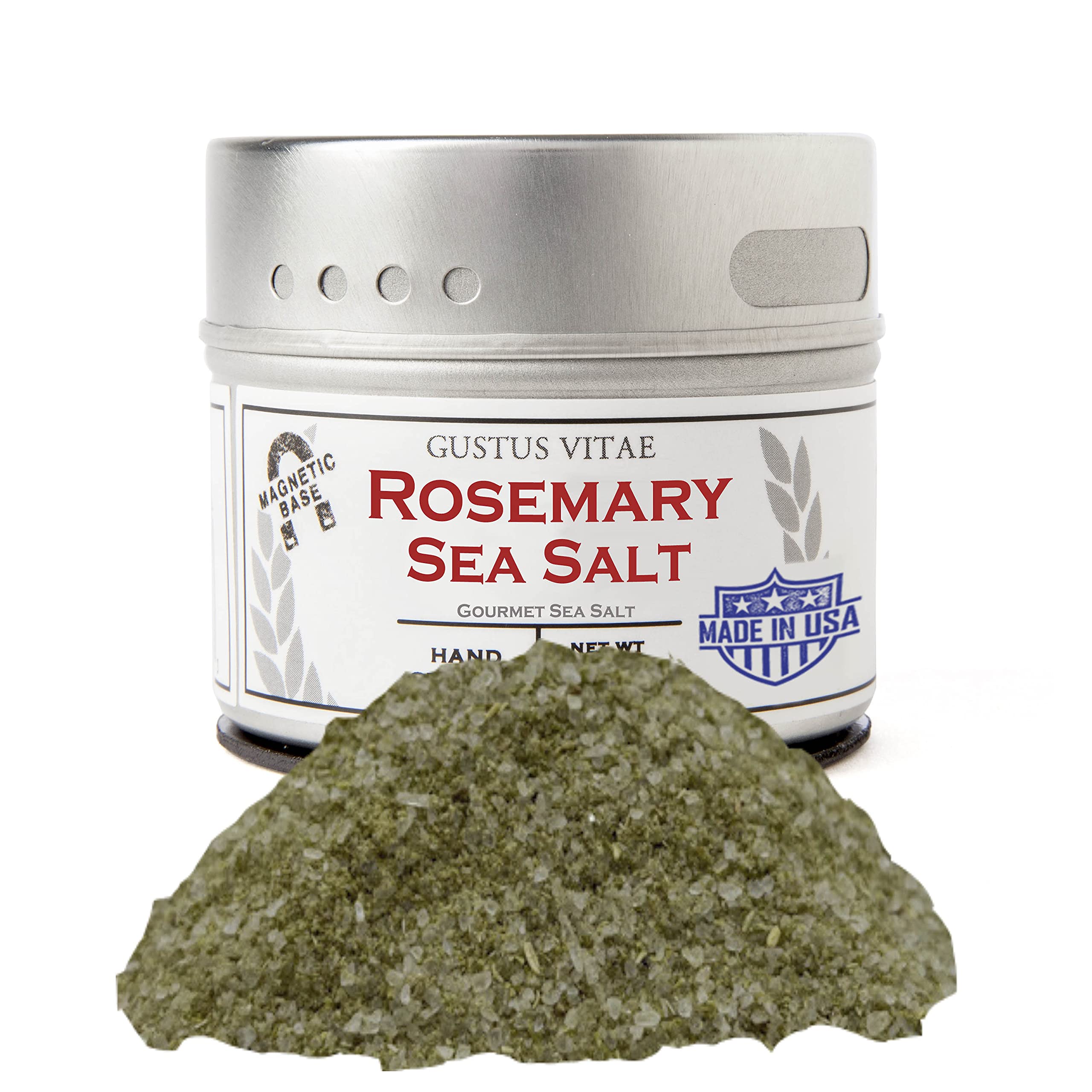 Gustus Vitae Rosemary Sea Salt tin on a shelf for gourmet finishing.