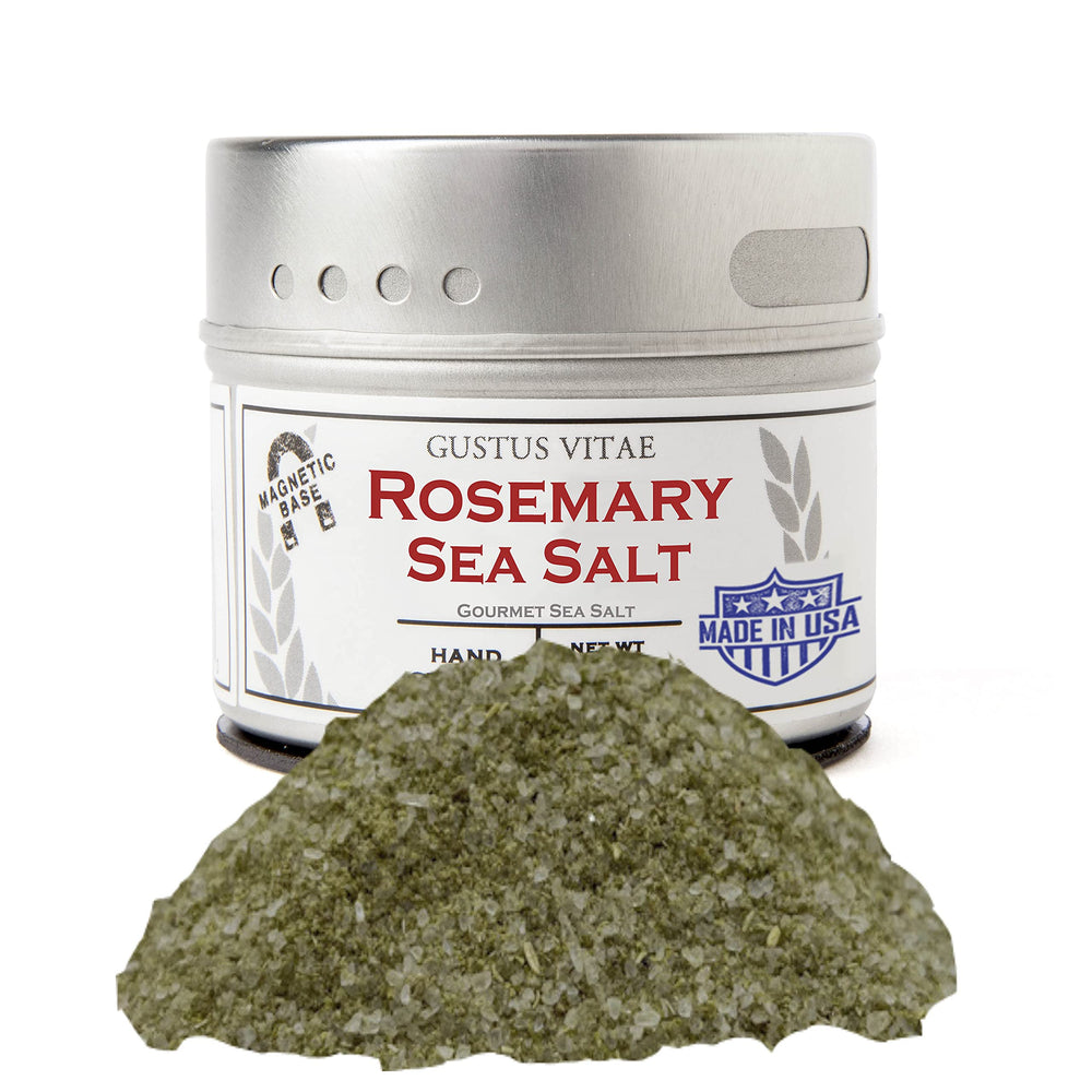 Gustus Vitae Rosemary Sea Salt tin on a shelf for gourmet finishing.