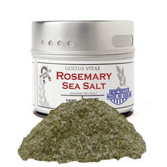 Gustus Vitae Rosemary Sea Salt tin on a shelf for gourmet finishing.
