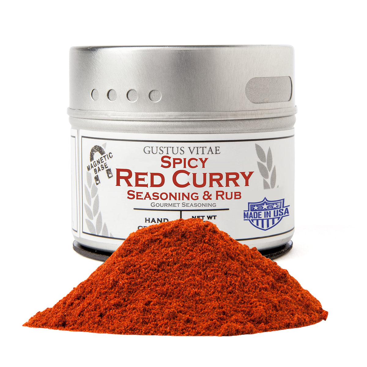 Gustus Vitae Spicy Red Curry Seasoning tin highlighting premium curry flavor.