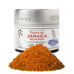 Gustus Vitae Taste of Jamaica Seasoning jar adds bold jerk flavor to meals.