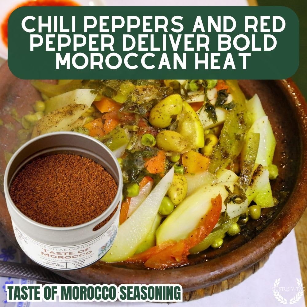 Gustus Vitae Taste of Morocco ingredients display highlights all-natural, non-GMO components.