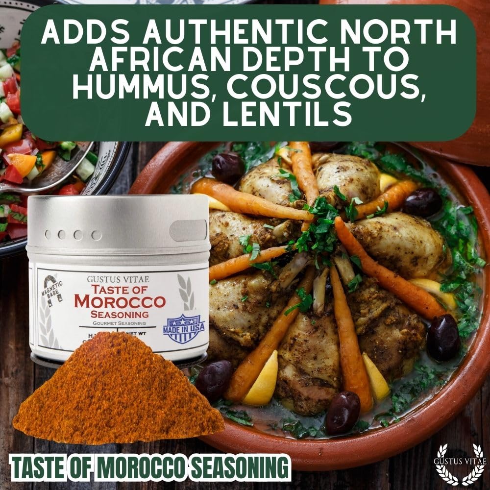 Gustus Vitae Taste of Morocco label detail underscores no MSG, no irradiation.