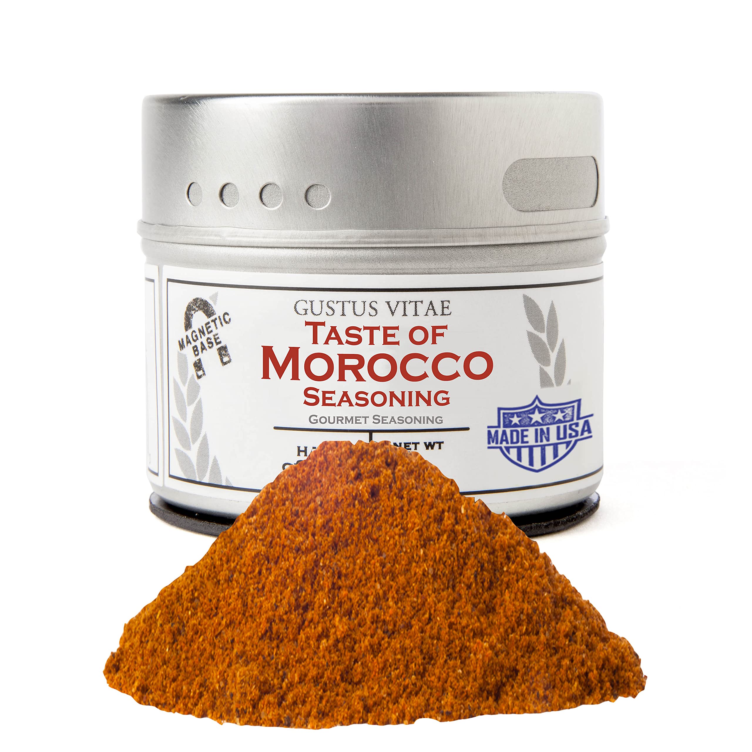 Gustus Vitae Taste of Morocco tin closeup showcases premium, all-natural spice blend for gourmet meals.