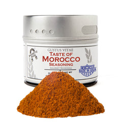 Gustus Vitae Taste of Morocco tin closeup showcases premium, all-natural spice blend for gourmet meals.