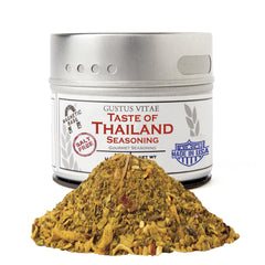 Gustus Vitae Taste of Thailand bottle close-up showing premium spice blend for quick Thai-inspired meals