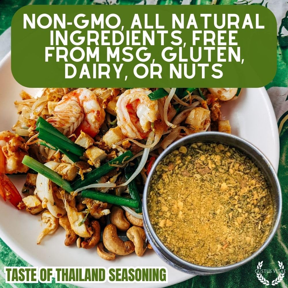 Gustus Vitae Taste of Thailand Non-GMO label on tin emphasizing clean ingredients