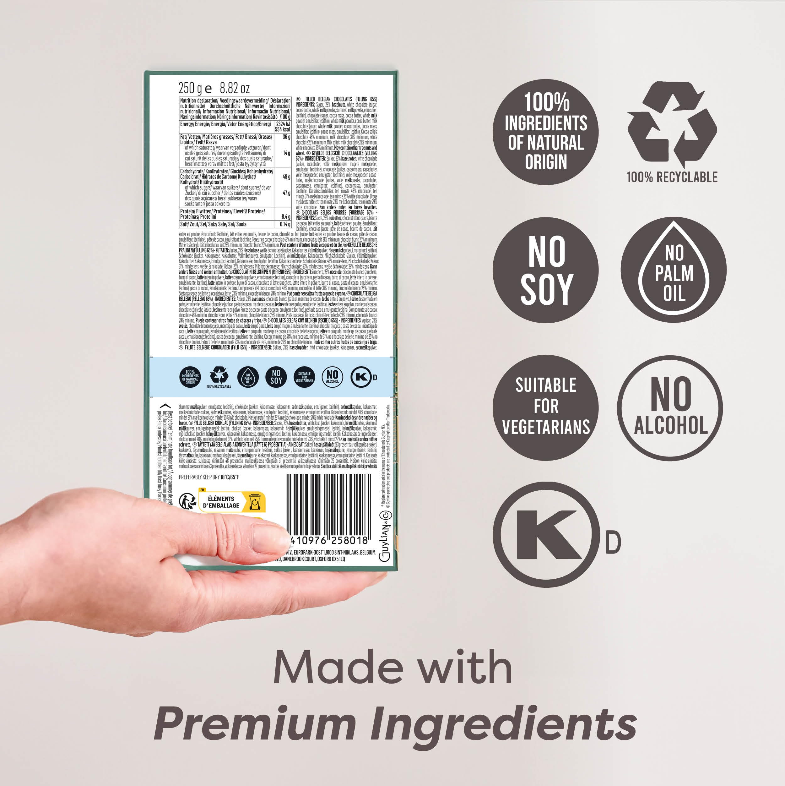 Kosher certified chocolates, palm oil free, soy free for dietary preferences.