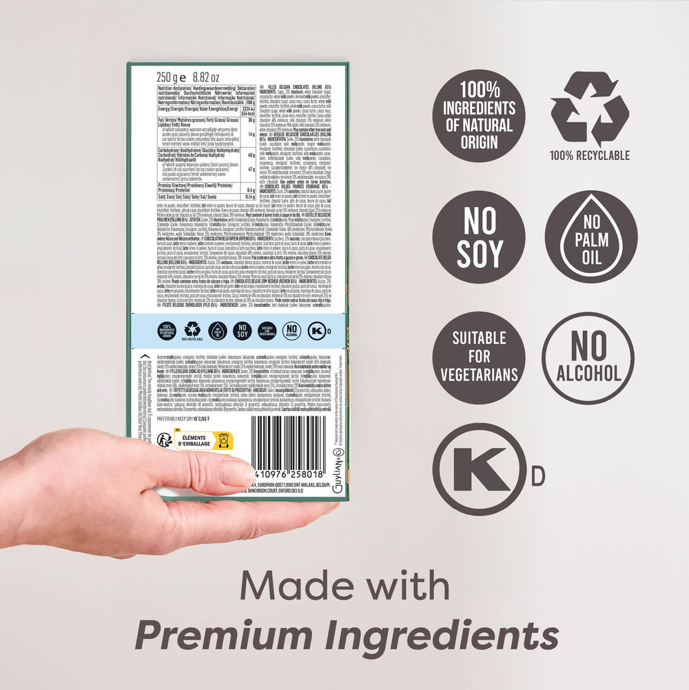 Kosher certified chocolates, palm oil free, soy free for dietary preferences.