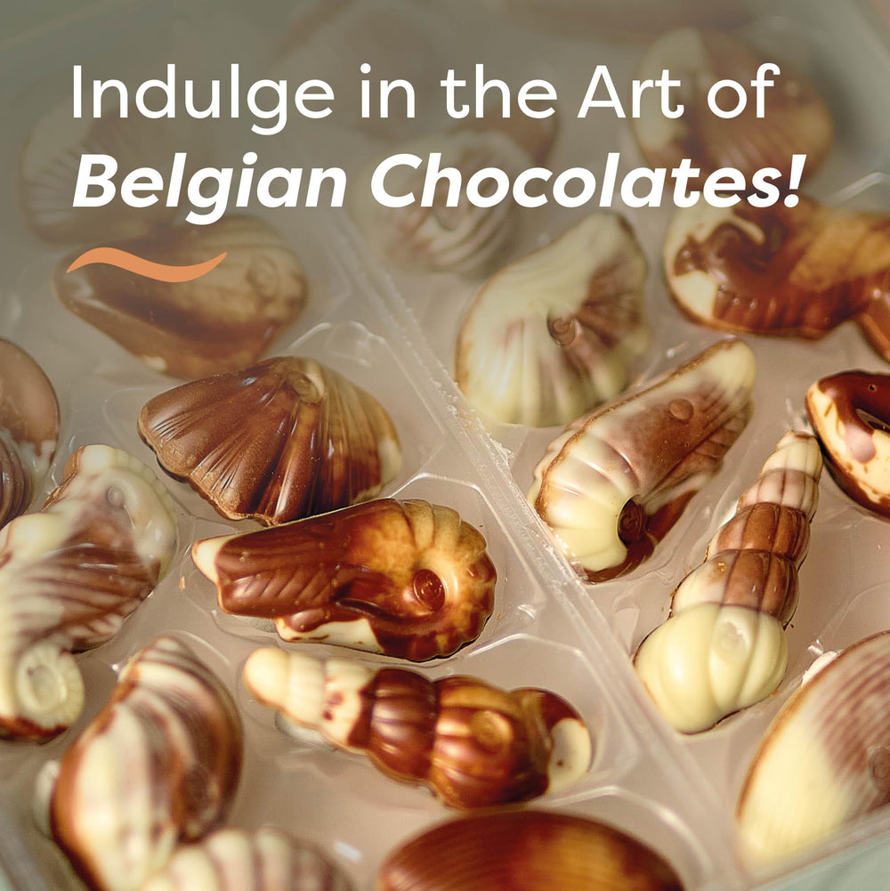 Close-up of marbled Belgian chocolate shells highlighting artisan craftsmanship.