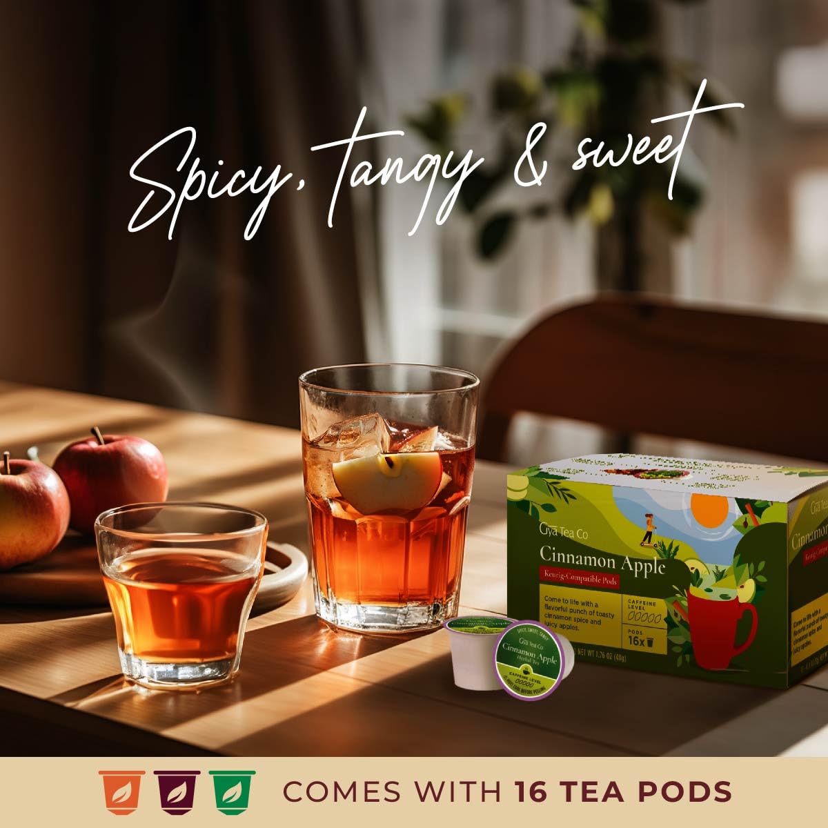 Label highlights Gya Tea Co Cinnamon Apple Tea Pod with premium ingredients and fall flavor.