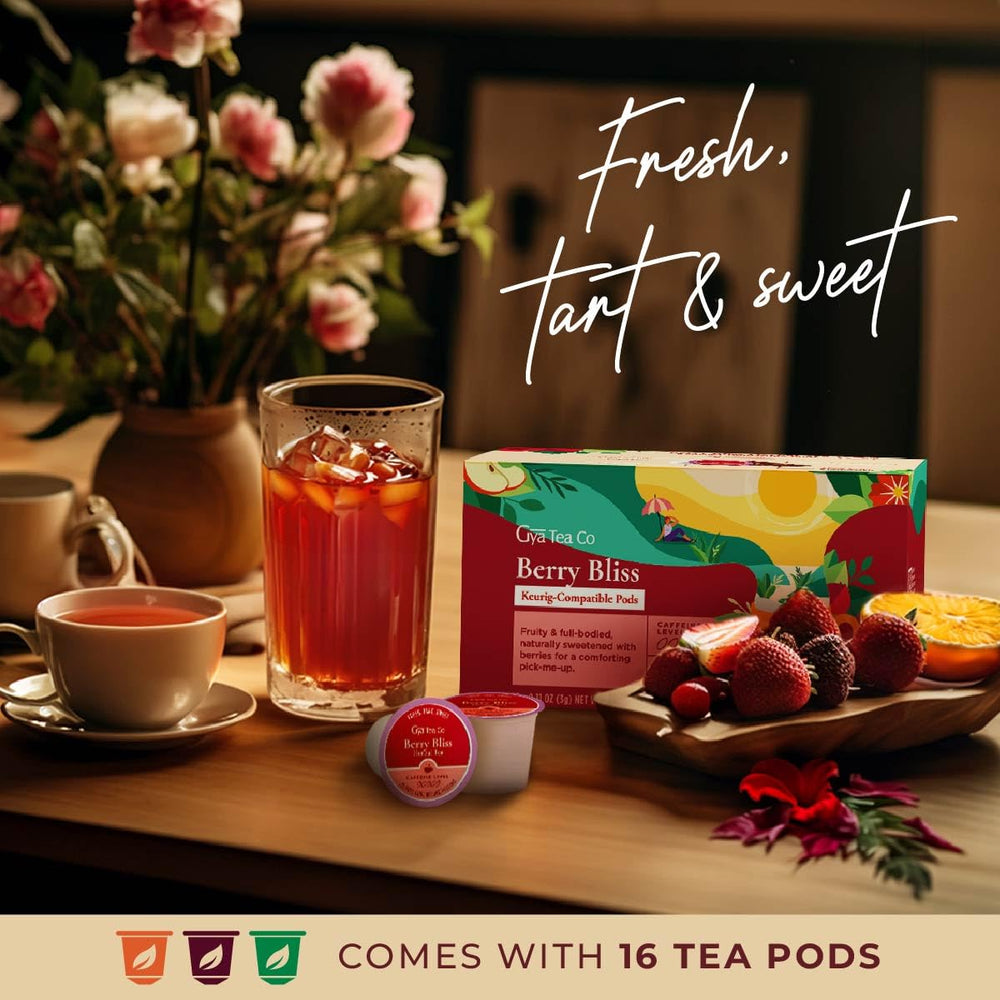 Gya Tea Co Berry Bliss pod steep shows vibrant color and fruity flavor