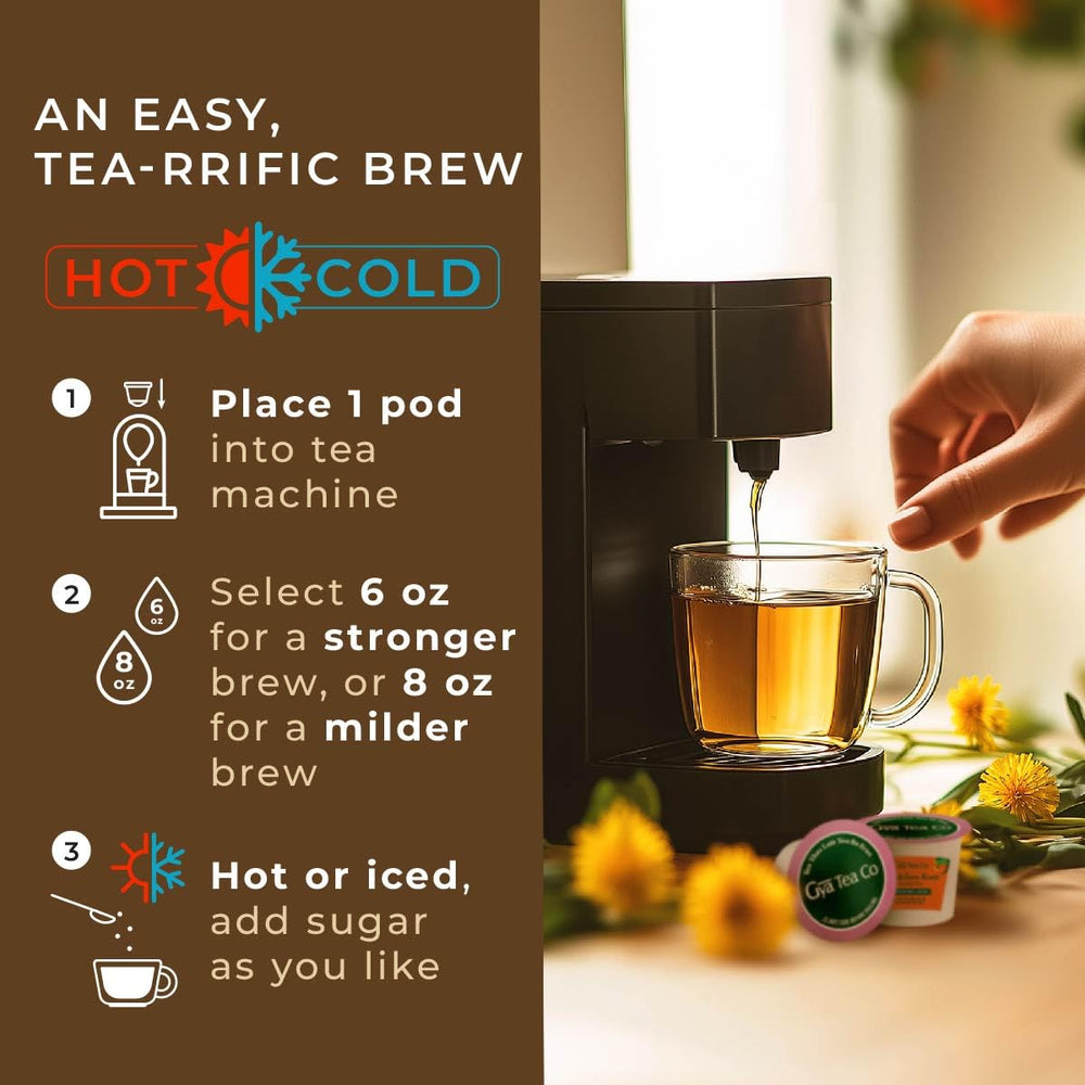 Gya Tea Co dandelion tea pod in a kitchen setting for quick brewing