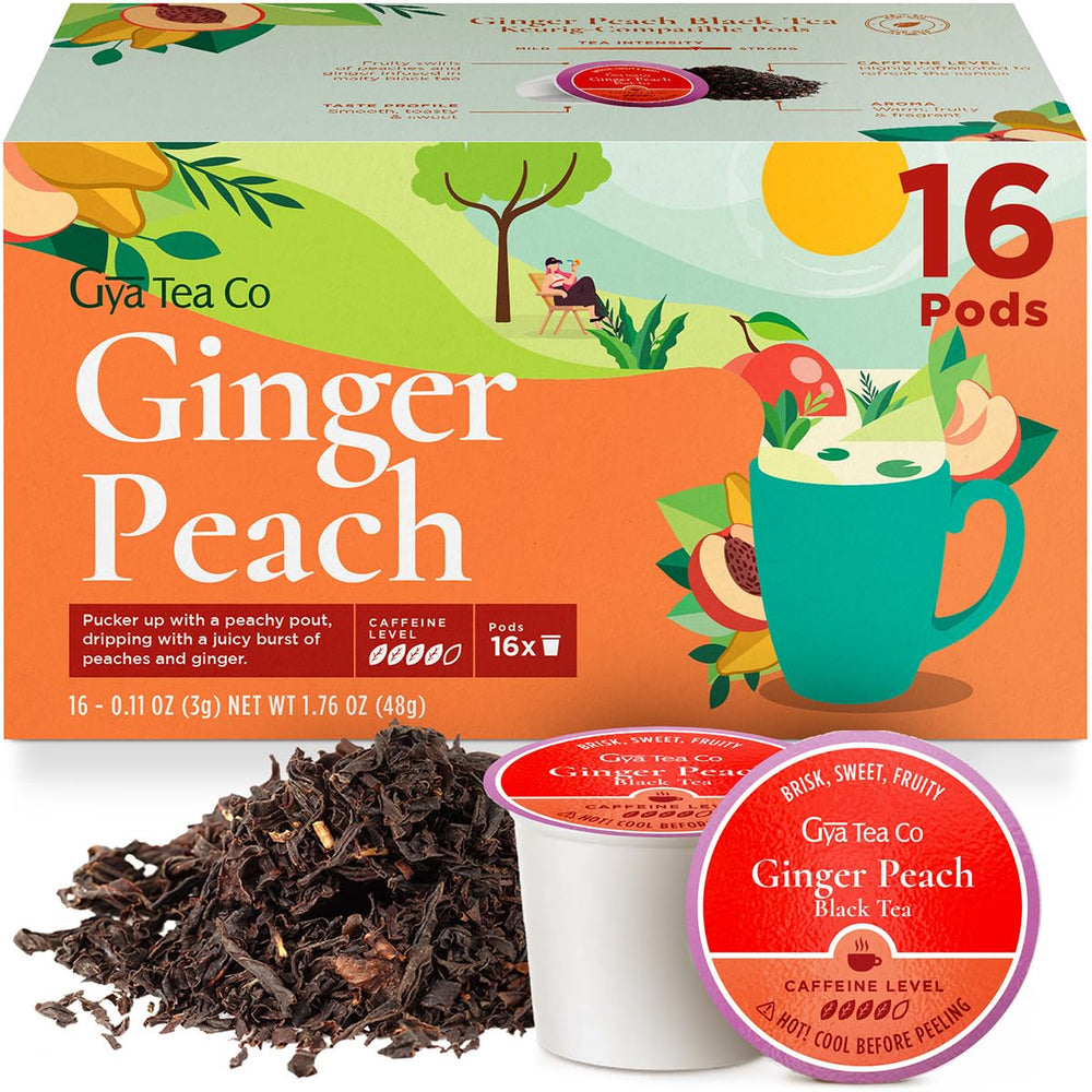 Gya Tea Co Ginger Peach Black Tea Pod packaging with premium ingredients.