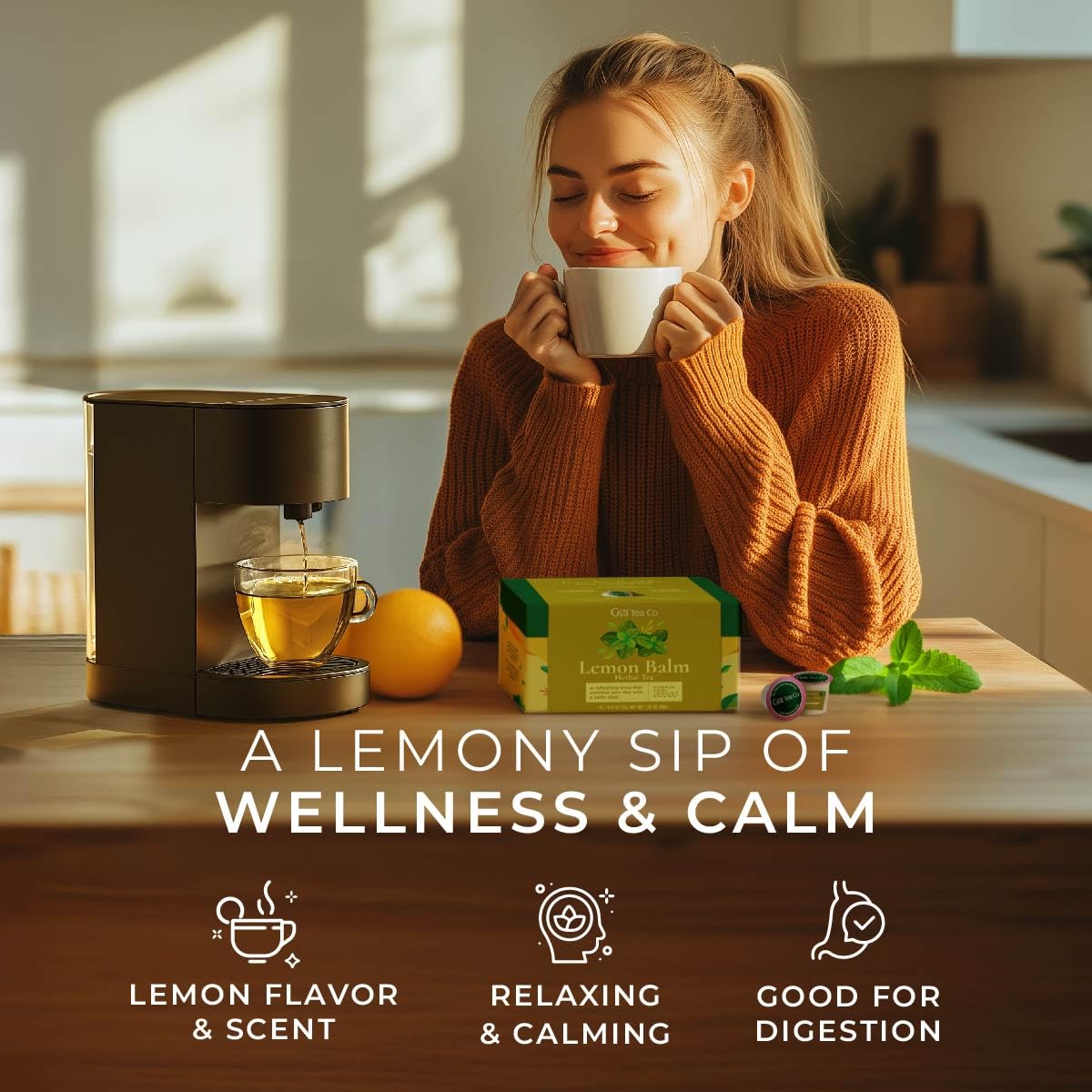 Cup of brewed lemon balm tea reveals a pale gold color and citrus notes.