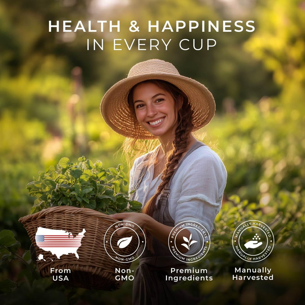 Evening ritual with lemon balm pod suggests a calming, caffeine-free unwind.