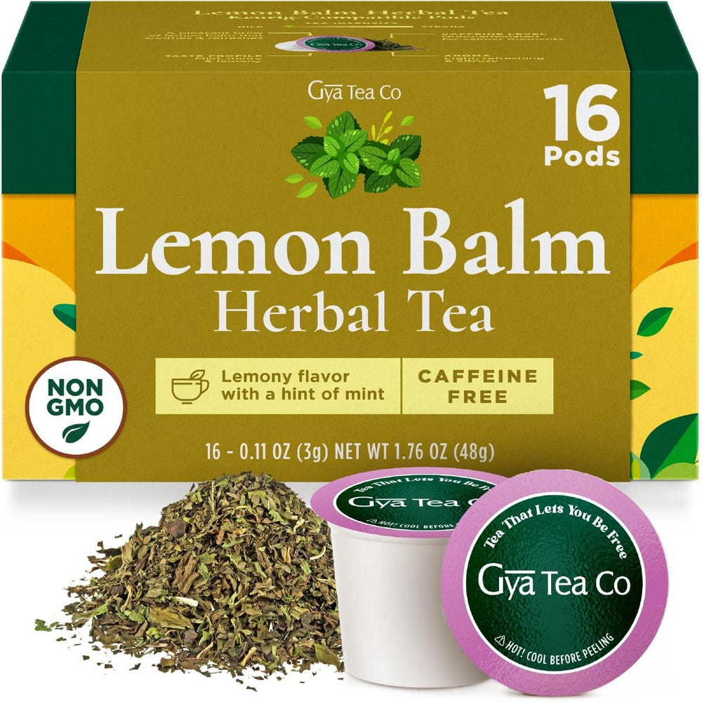 Gya Tea Co lemon balm pod packaging showcases premium, caffeine-free wellness.