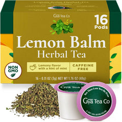 Gya Tea Co lemon balm pod packaging showcases premium, caffeine-free wellness.
