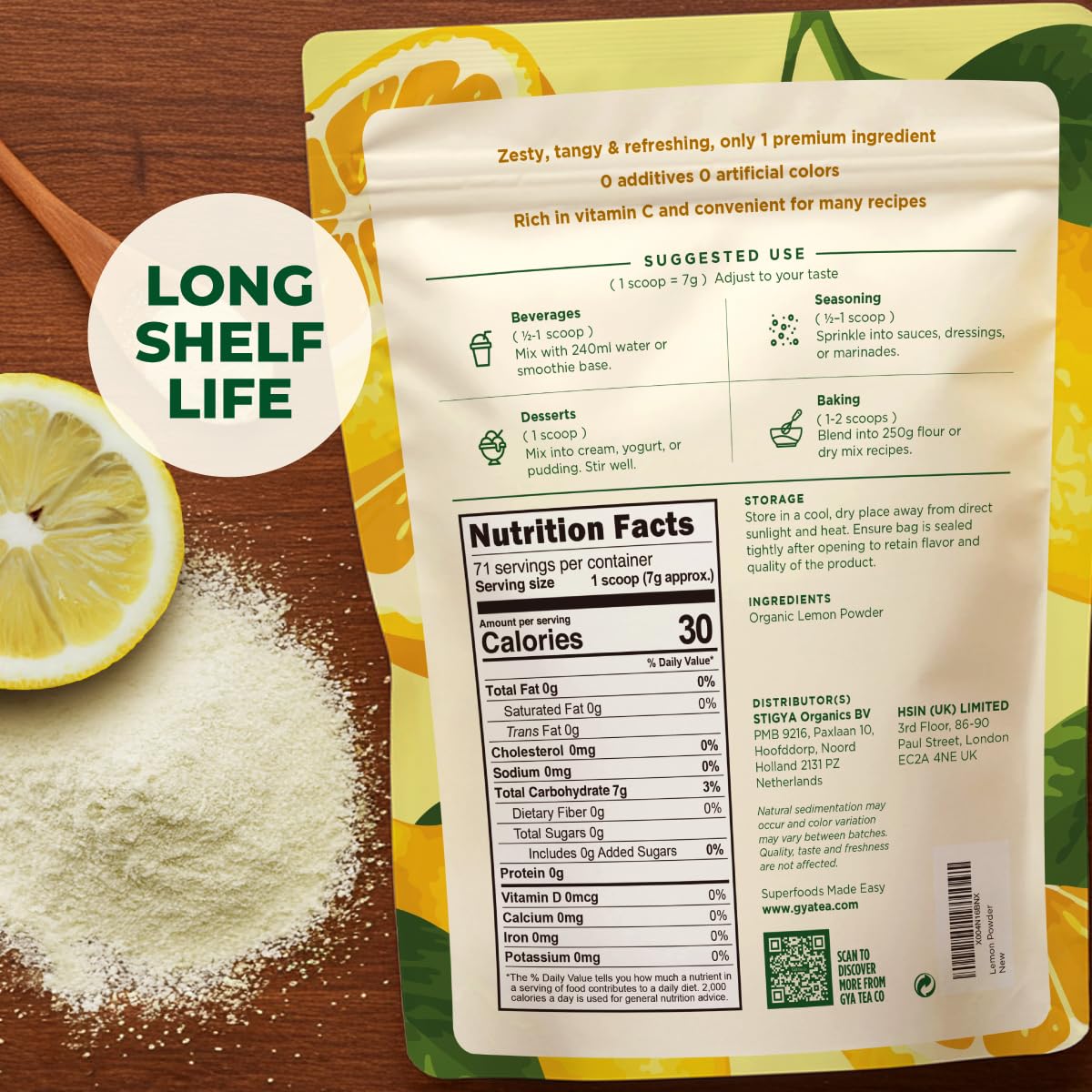Gya Tea Co lemon powder jar open with scoop for convenient baking.