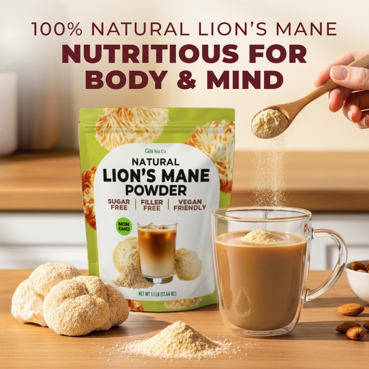 Gya Tea Co Lion’s Mane powder bag opened, ready for tea or baking.