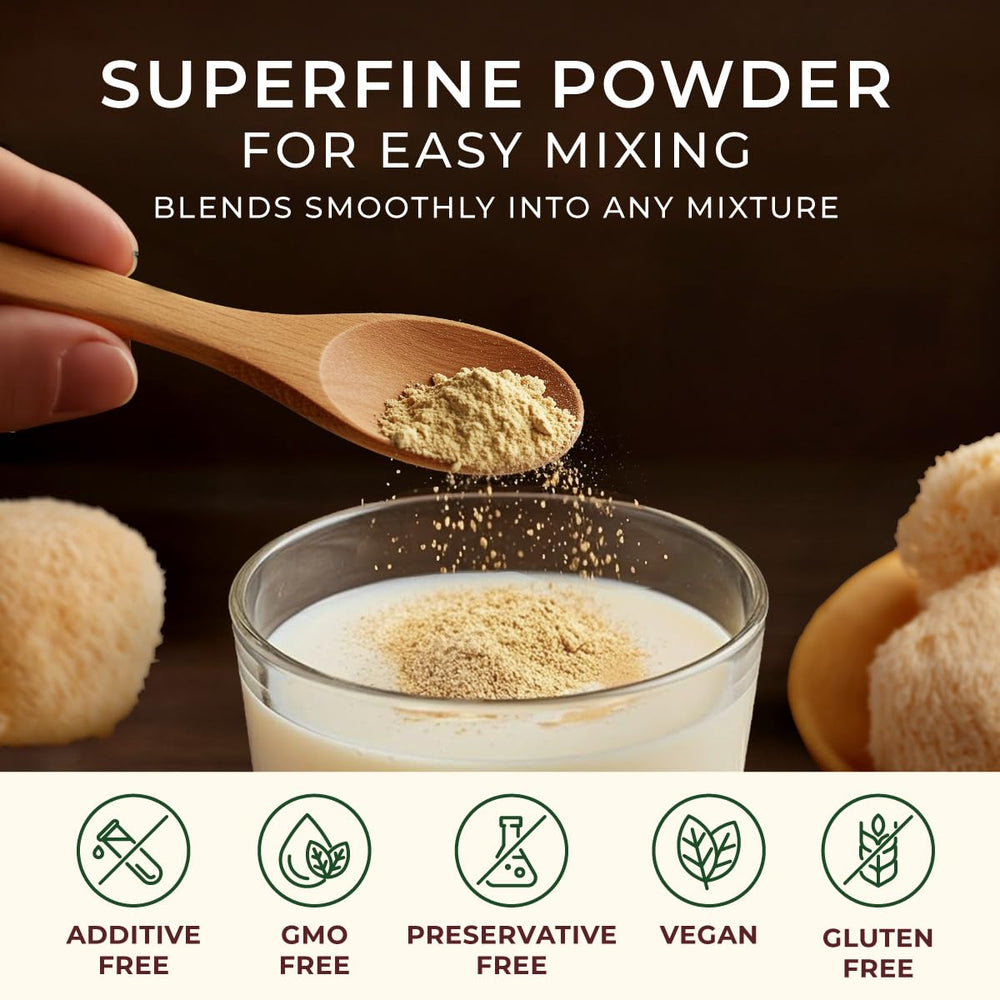 Gya Tea Co Lion’s Mane powder in a blender for a creamy smoothie.