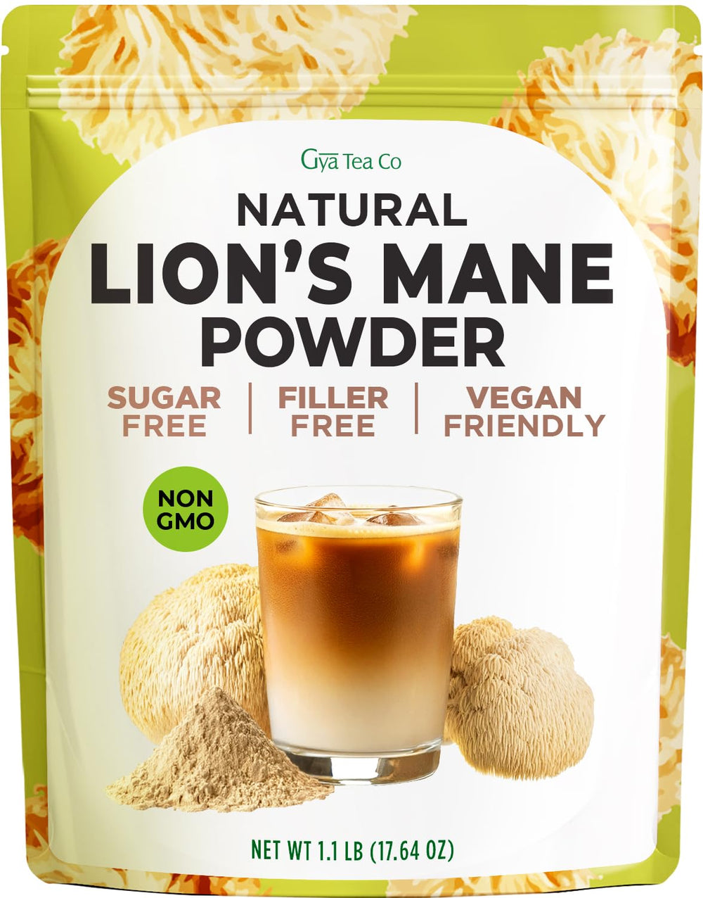 Gya Tea Co Lion’s Mane powder tub front, pure and single-origin for smoothies.
