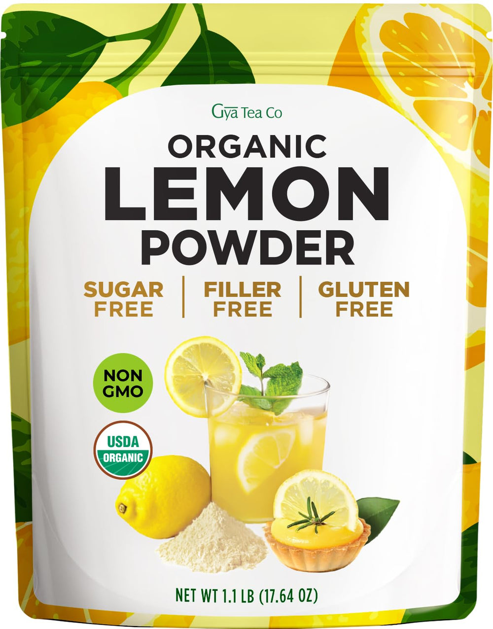 Gya Tea Co Organic Lemon Powder bottle closeup shows bright citrus aroma.