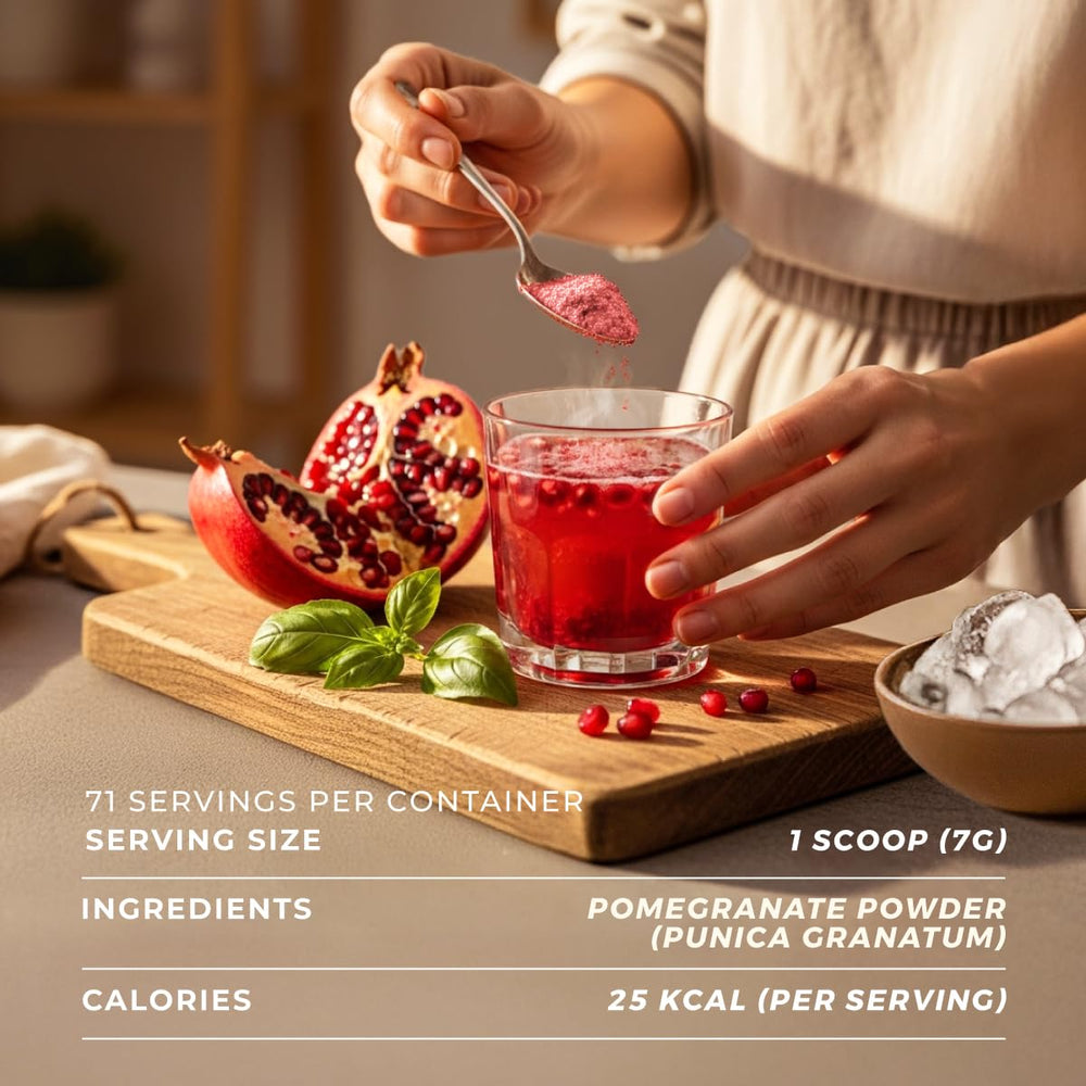 Gya Tea Co pomegranate powder label showing vegan, gluten-free ingredients.