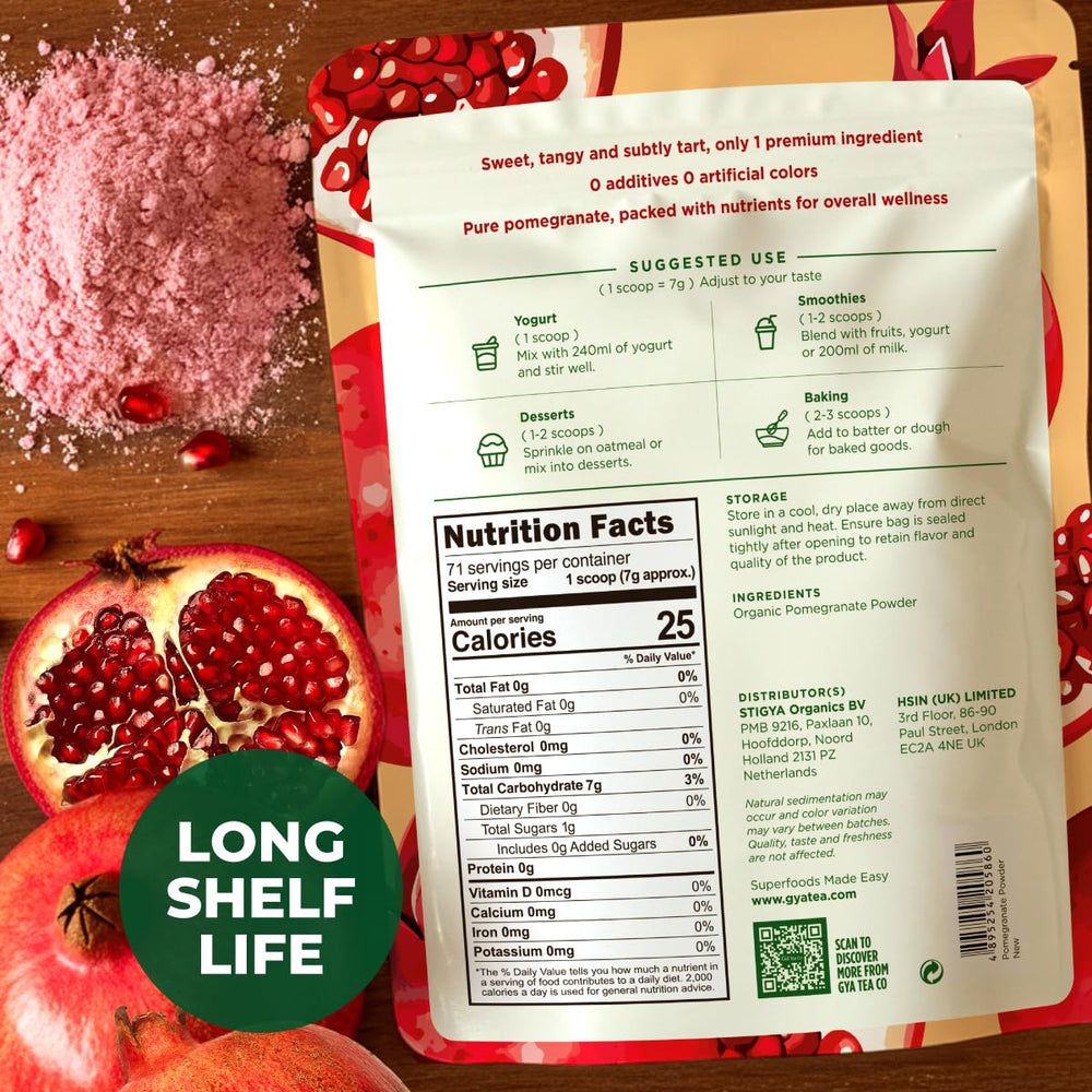 Gya Tea Co pomegranate powder packaging closeup; natural ingredients.