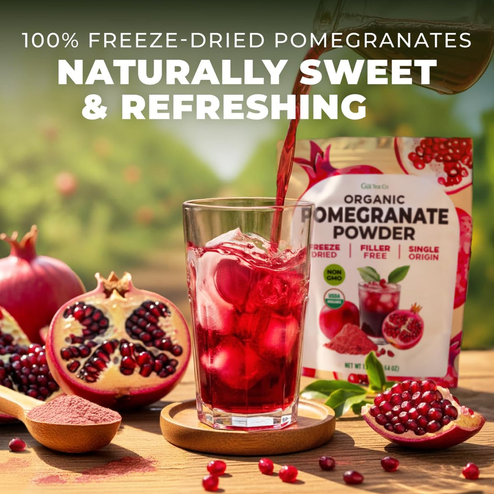 Gya Tea Co pomegranate powder dissolving in a glass of juice.