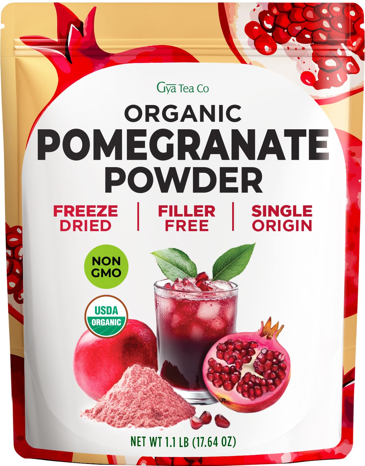 Gya Tea Co pomegranate powder tin front; ideal for smoothies.