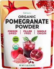 Gya Tea Co pomegranate powder tin front; ideal for smoothies.