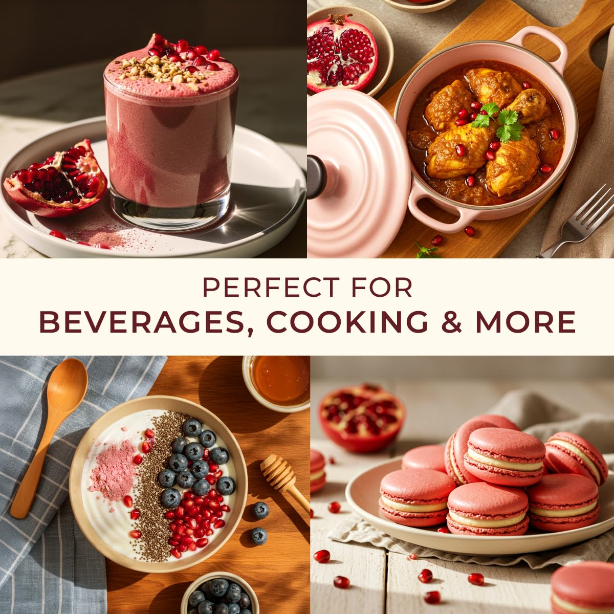 Gya Tea Co pomegranate powder sprinkled on yogurt bowl.