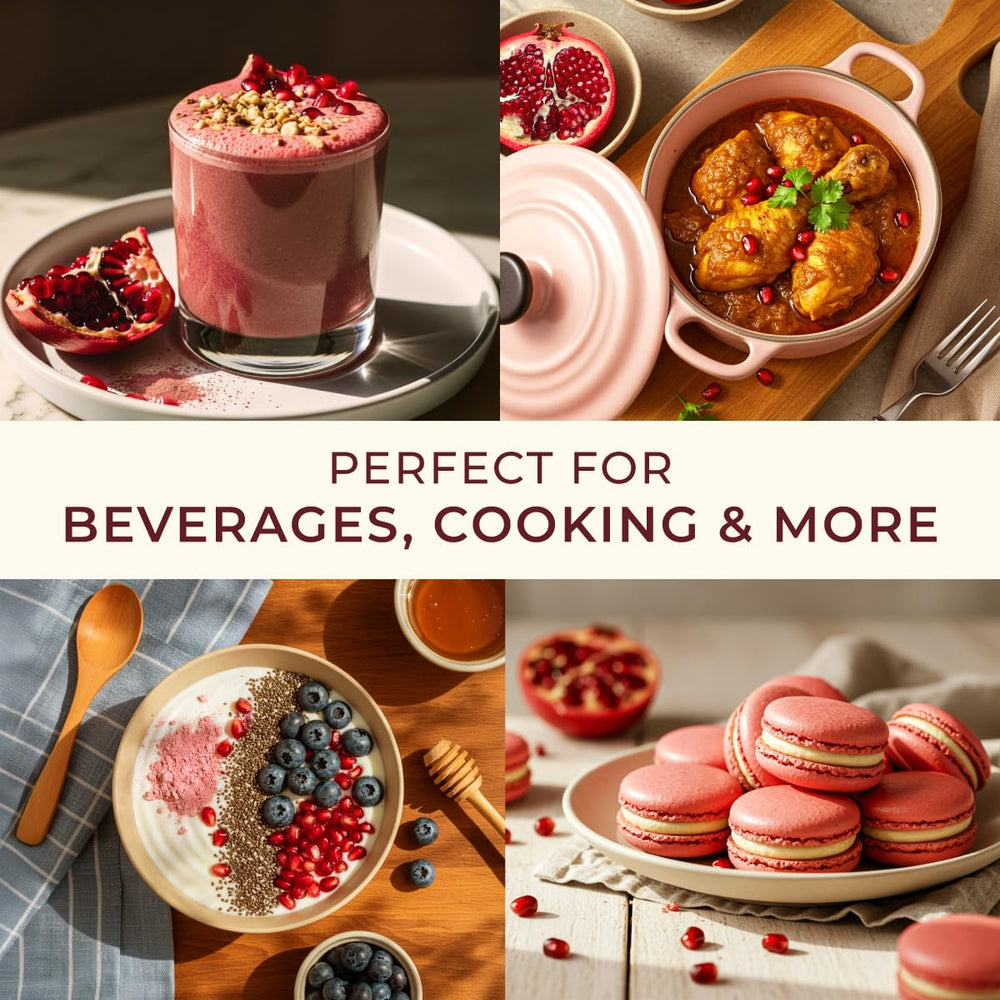 Gya Tea Co pomegranate powder sprinkled on yogurt bowl.