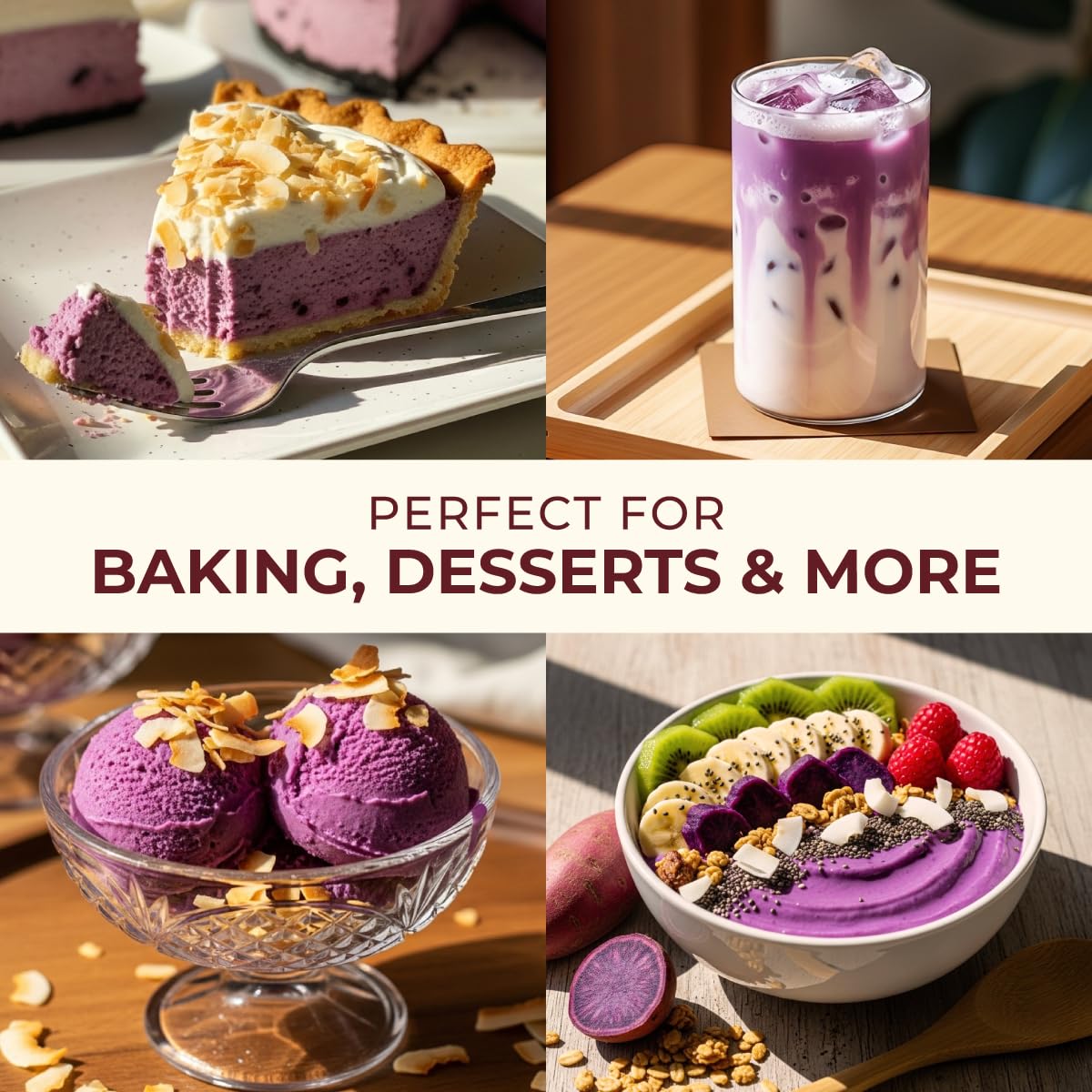 Gya Tea Co purple sweet potato powder dessert bowls enhance nostalgia and hue.
