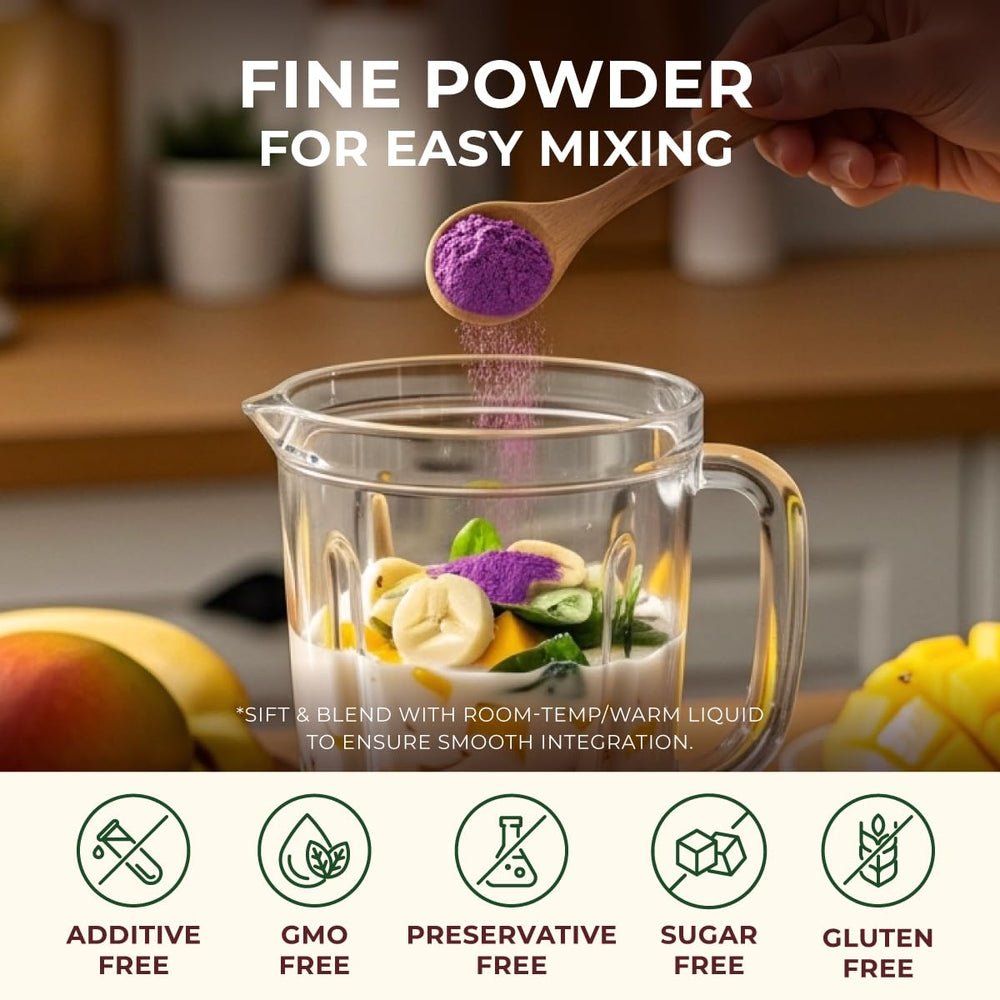 Gya Tea Co purple sweet potato powder resealable pouch maintains freshness.