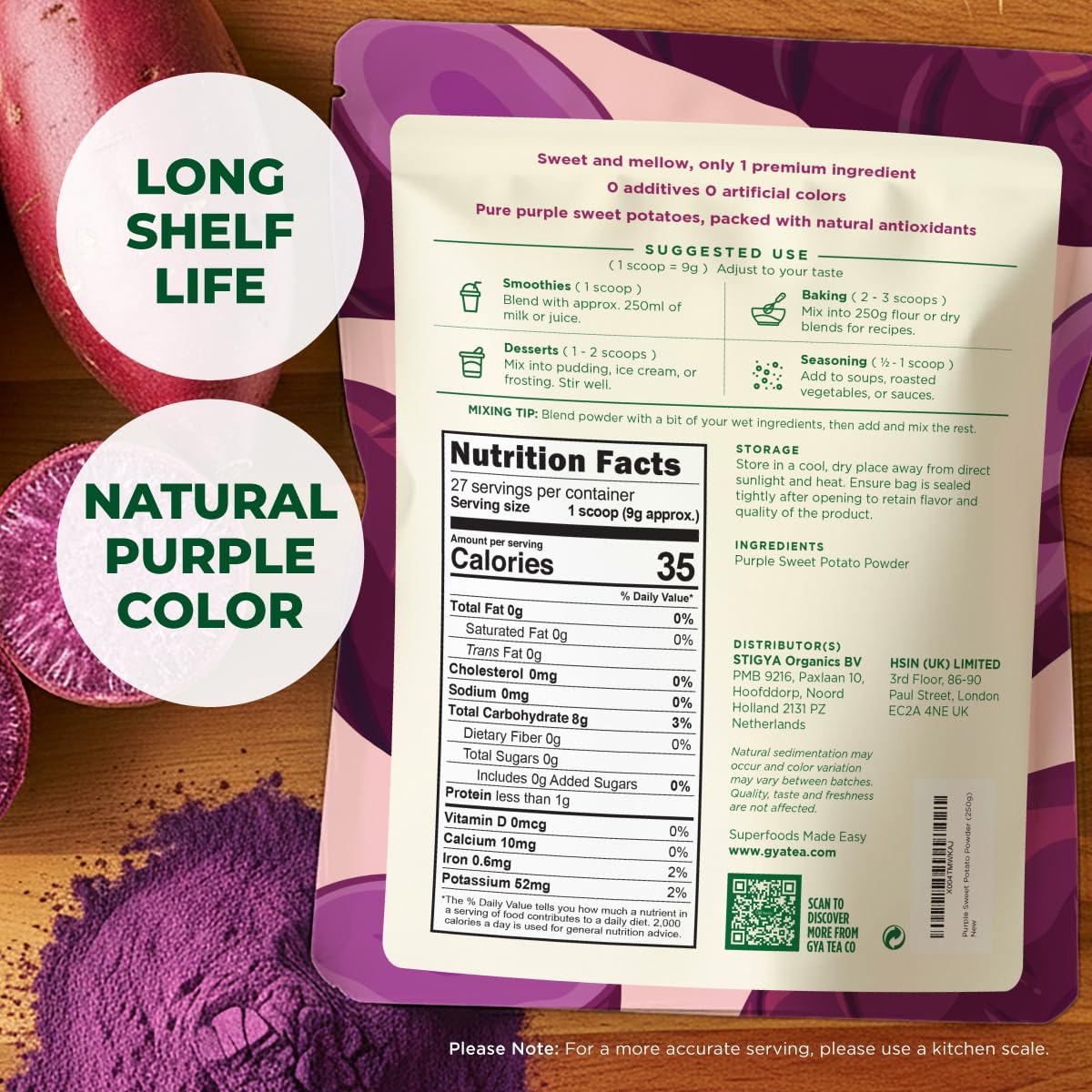 Gya Tea Co purple sweet potato powder close-up texture highlights vibrant natural color.